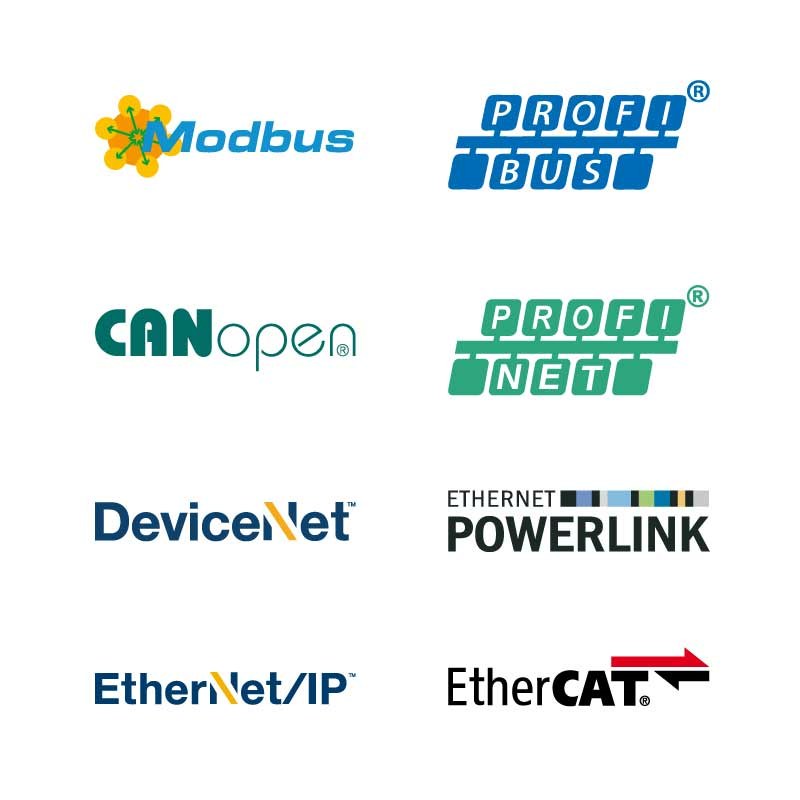Modbus, Profibus, CANopen, Profinet, DeviceNet, Powerlink, EtherNet/IP ve EtherCAT logoları